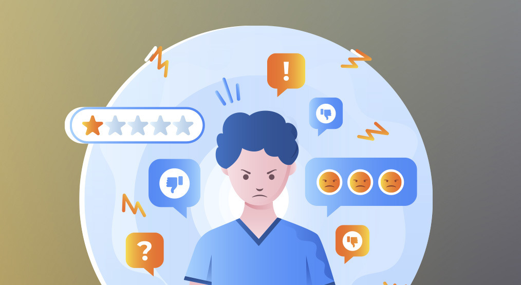 Desenho de um homem com expressão de desagrado, cercado por ícones de críticas negativas, incluindo estrelas de baixa avaliação, ícones de polegar para baixo e emojis tristes.